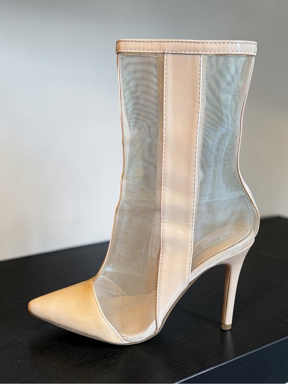 Beige Mesh Pointed-Toe Stiletto Bootie - Women